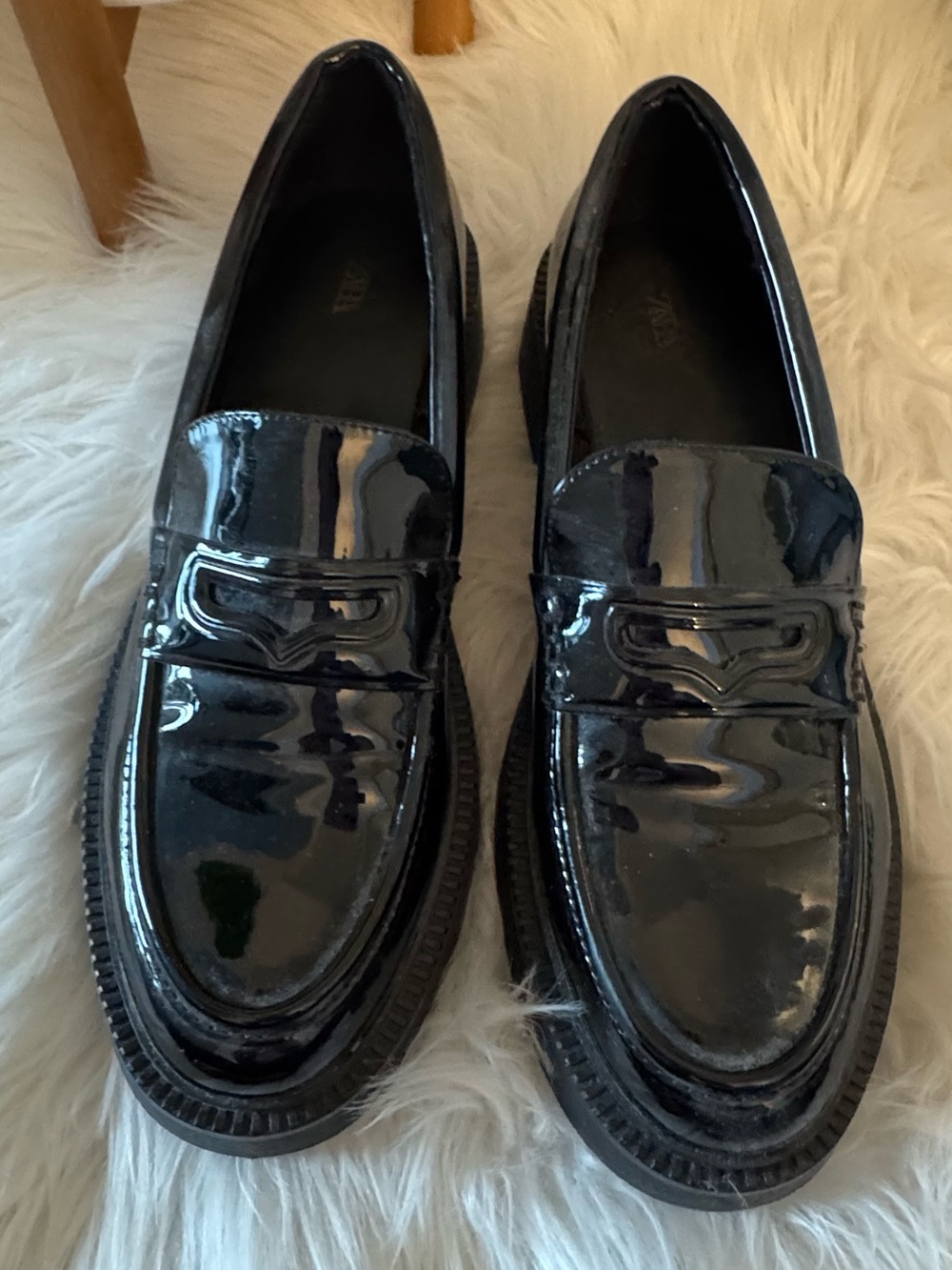 Zara women’s Black Patent Leather Loafers with a thick sole.